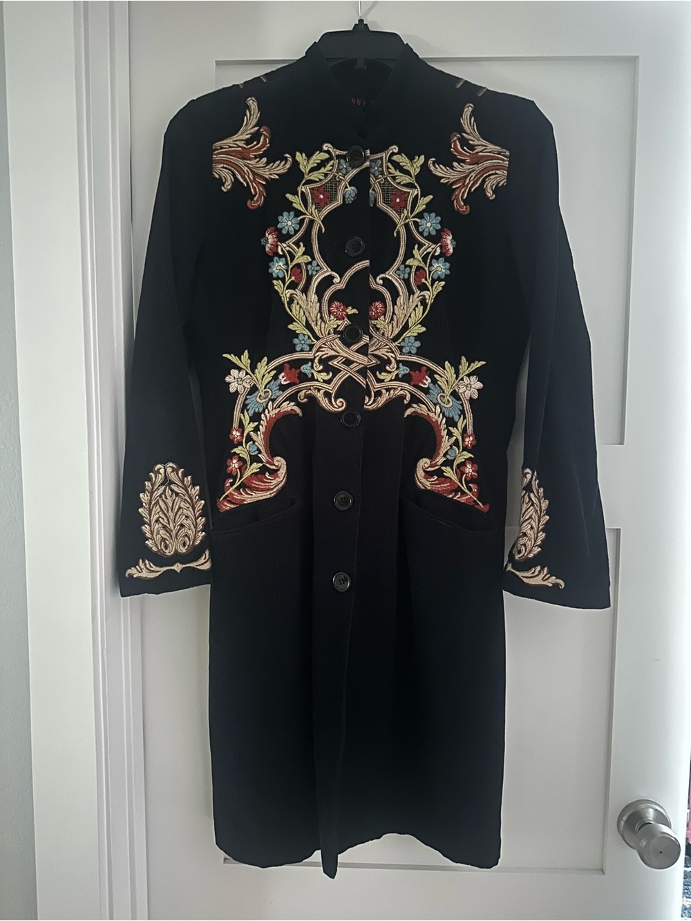 Johnny Was Black Embroidered Trench Coat with Multicolor Floral Accents